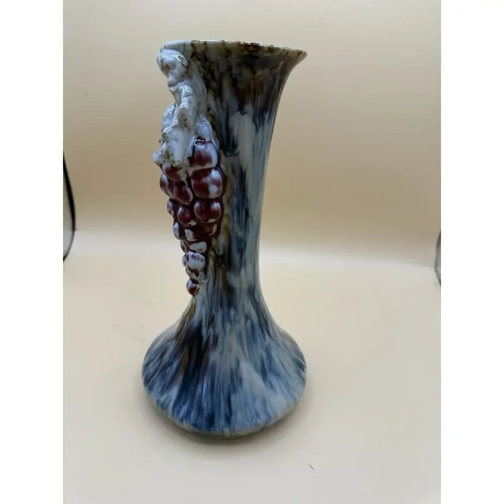 Vintage Majolica Style Grape Cluster Vase Blue Drip Glaze Art Pottery 9.5”